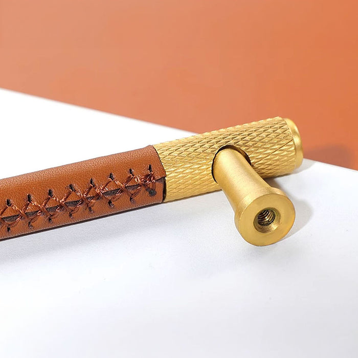 Modern Minimalist Textured Brass Leather Cabinet Handle