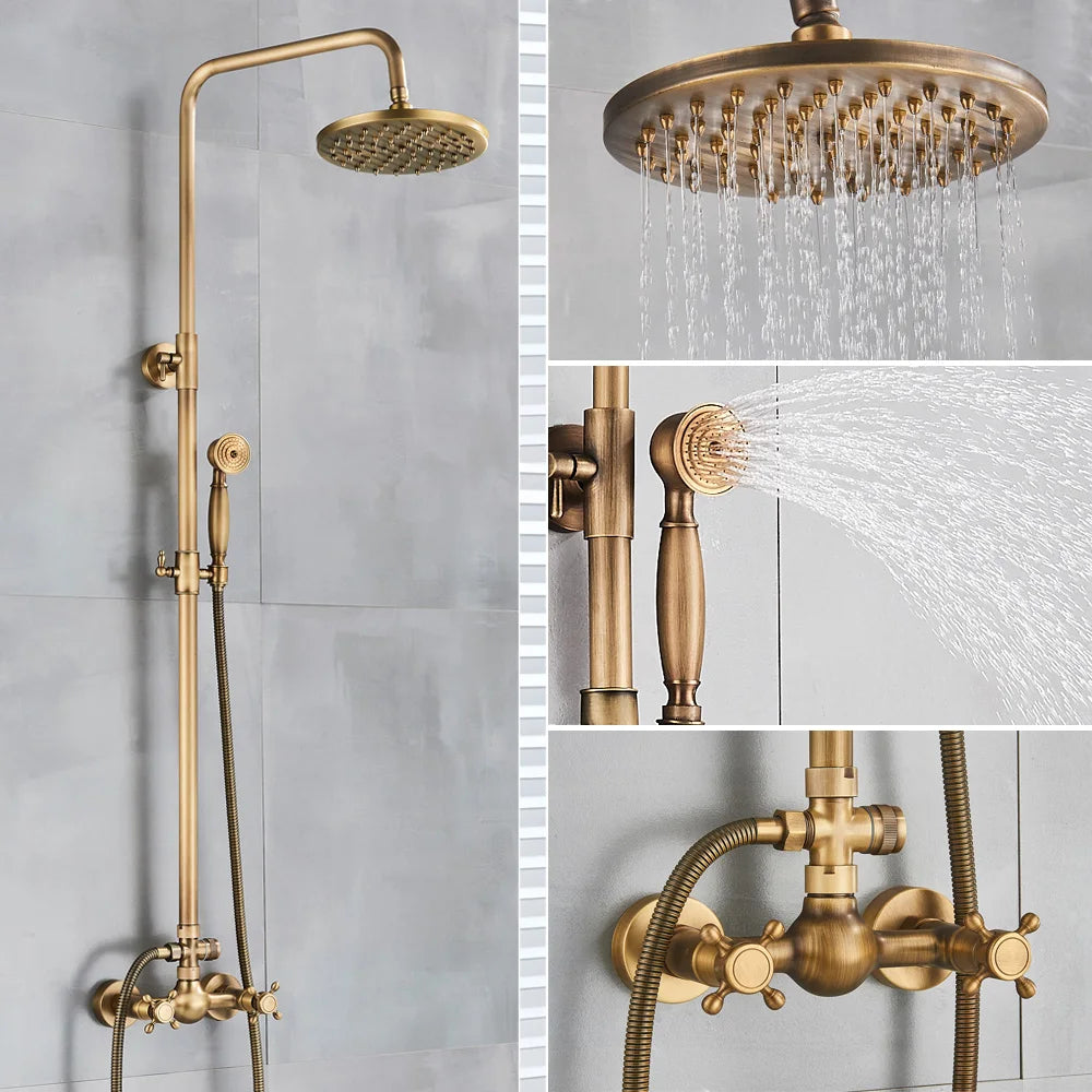 Bronze Antique Bathroom Shower Faucet Set Wall Mount Dual Handle With  Handshower — Mirodemi