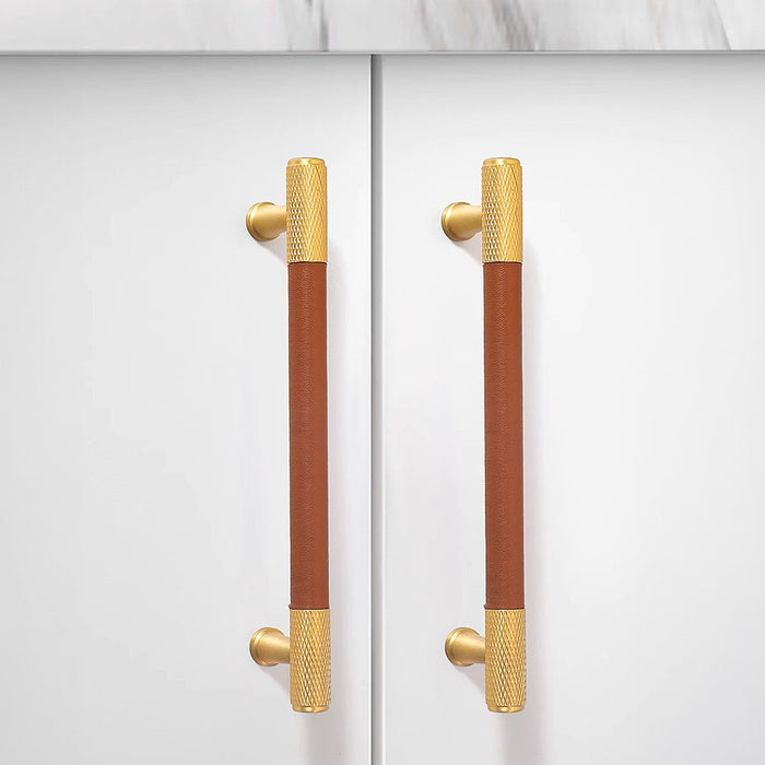 Modern Minimalist Textured Brass Leather Cabinet Handle