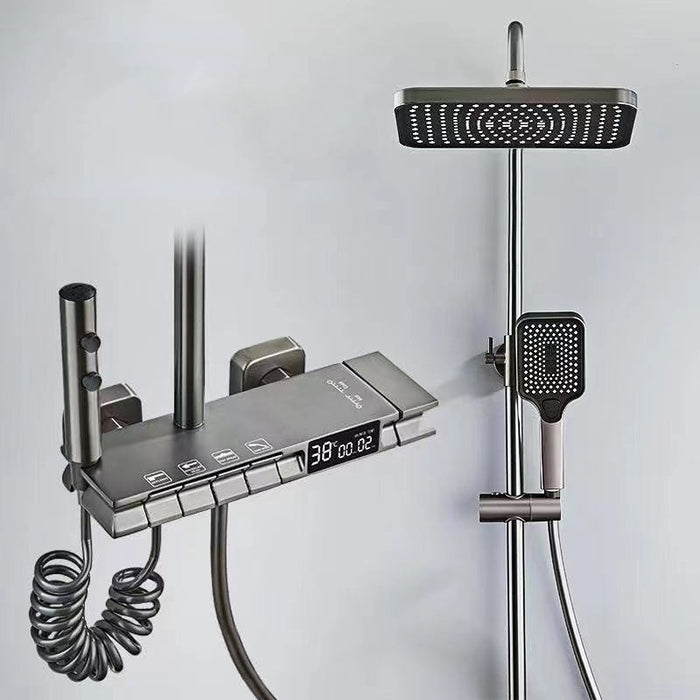 Goldenwarm Wall-Mounted Waterfall Shelf Bathroom Mixer Faucet Digital Display Shower Set